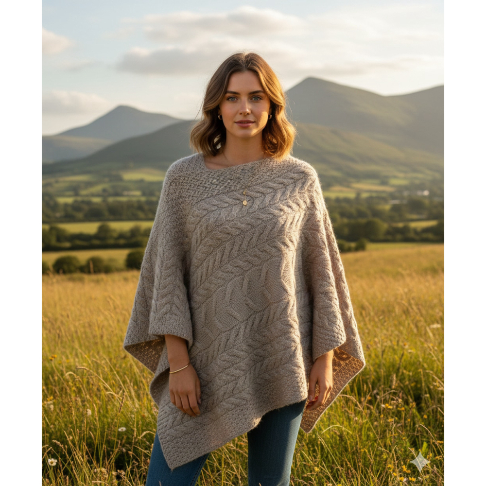 Aran Made‎ in Ireland Kilronan Cable Knit Poncho Womens XL XXL Beige Merino Wool